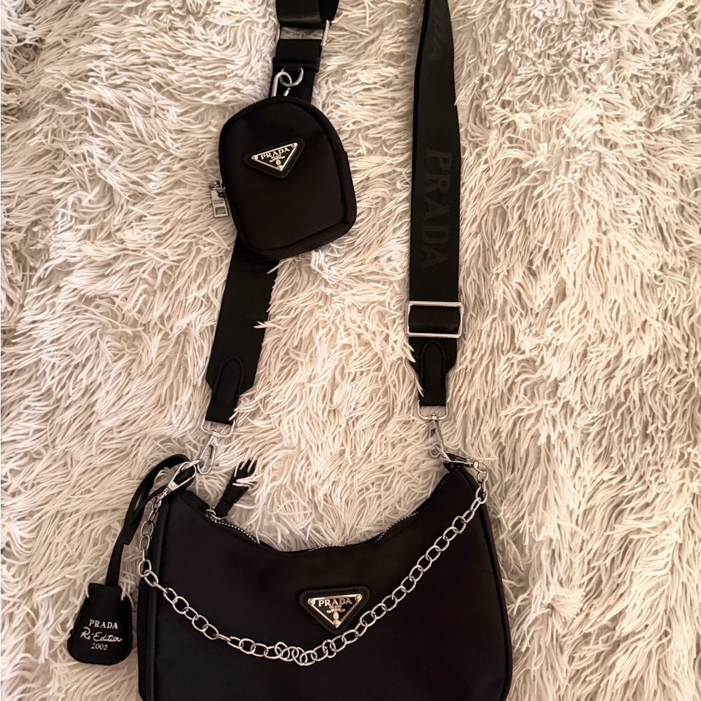 Prada Black Nylon Crossbody Bag with Silver Chain